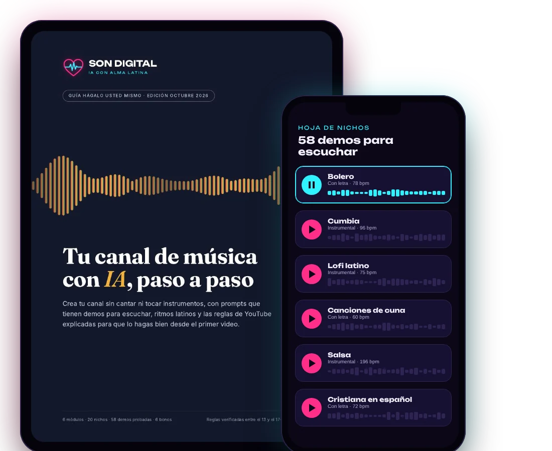 La guía Son Digital en una tableta y la hoja de nichos con sus demos en un celular